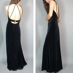 Vintage 90s Black Dress Slinky Strappy Velvet Maxi s m